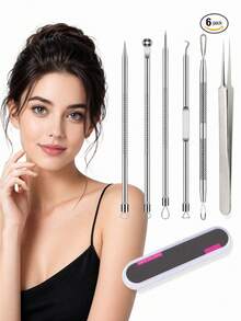 6pcs Acne Squeezing Tool Set, Blackhead Removal Acne Needle Tool Kit, Closed Comedones Whitehead Pimple Extractor Treatment, Suitable For Nose And Facial Skin Flaw Extraction - Silver - Silver - View 1