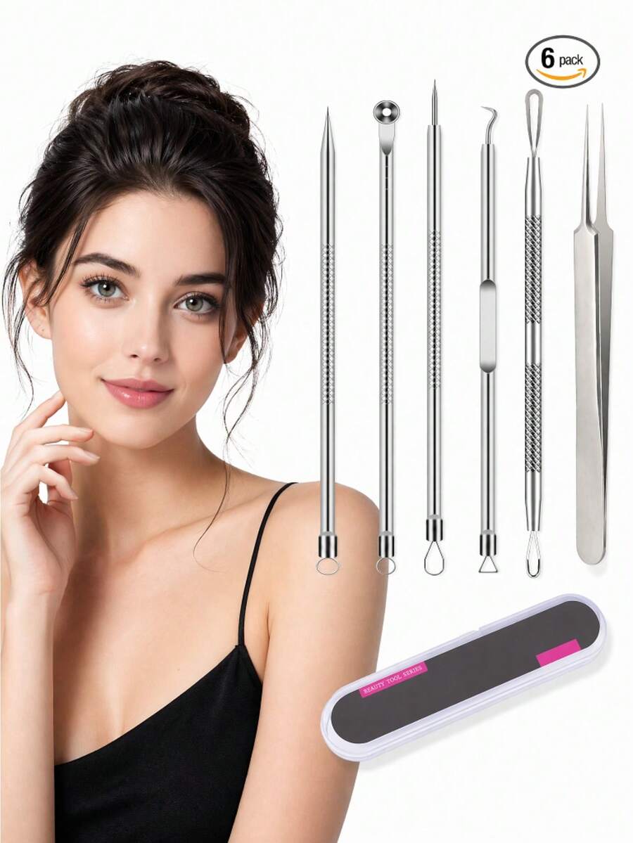 6pcs Acne Squeezing Tool Set, Blackhead Removal Acne Needle Tool Kit, Closed Comedones Whitehead Pimple Extractor Treatment, Suitable For Nose And Facial Skin Flaw Extraction - Silver - Silver - View 1