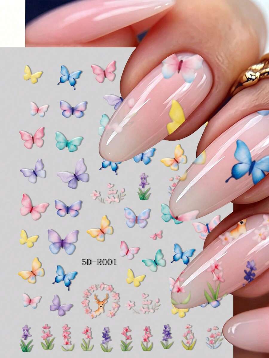 Pegatinas de uñas 5D Y2K con mariposa en relieve, calcomanías de uñas con diseño 3D colorido, deslizadores de uñas con flores de primavera, color macaron 5D Y2K en relieve - Multicolor - Ver 1