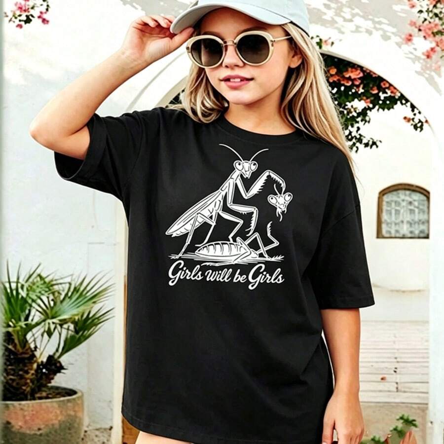 Summer New Arrival Minimalist Teen Sweatshirt, Funny Praying Mantis Graphic, Unique Insect Design For Daily & Outdoor Wear - Black - View 1