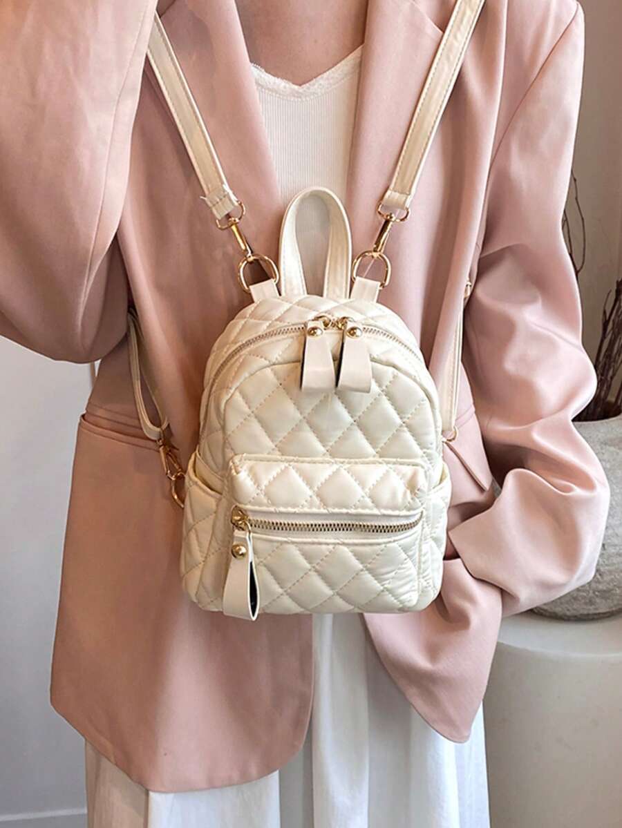 1pc PU Fabric Embroidery Thread Quilted Mini All-Purpose Casual Back Pack - White - View 1