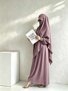 2件組 穆斯林女裝 寬鬆舒適祈禱頭巾 Khimar + 長袍 Abaya，適合女性日常穿著與祈禱，四季皆宜 - 彩色 - 查看 15
