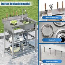 Freestanding Stainless Steel Sink For Outdoor Use, 60x60cm, With Tap And Drain, Including Shelf, Spacious Single-Basin Design, Suitable For Kitchen, Garden, Workshop And Commercial Use - 銀色 - 查看 3