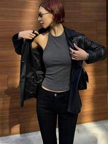 歐美風性感露背細肩帶修身背心女款，秋冬休閒夏季穿搭 - 深灰色 - 查看 3