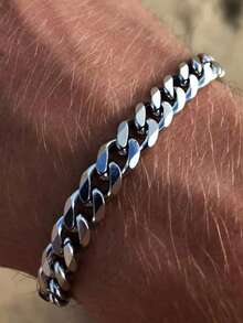 1pc Punk Style Stainless Steel Metal Bracelet Necklace Men's Party Music Festival Valentine's Day Gift Outfit Jewelry Personalized Fashion Bracelet Simple Men's Bracelet - Silver - View 2