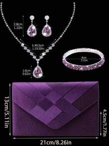 Fashion Satin Trim Evening Clutch Envelope Shoulder Bag, Elegant Bridal Wedding Gift Shoulder Bag, Ball Bag, Comes With Sparkling 3 PiecesRhinestone Jewelry Set, Including Sparkling Rhinestone Pendant Necklace, Earrings And Bracelet, Suitable For Parties, Balls, Evening Events And Gatherings - Purple - View 3