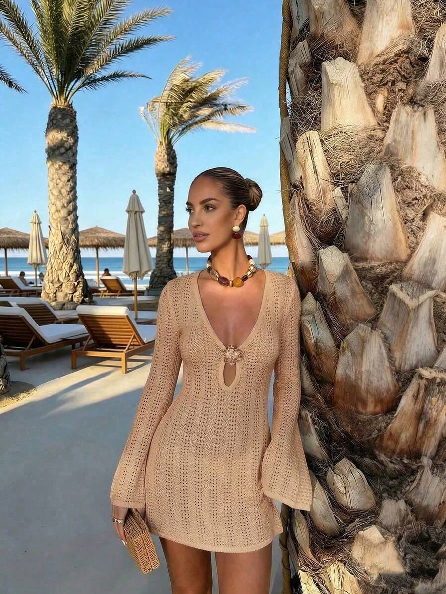 Women Sweater Dresses - Camel - View 1
