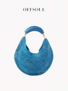 Bolso de mano bohemio para mujer, nuevo estilo, bolsa de paja tejida para vacaciones en la playa, moda vintage casual, bolsa tejida artesanal con diseño de malla hueca - Azul - Ver 5