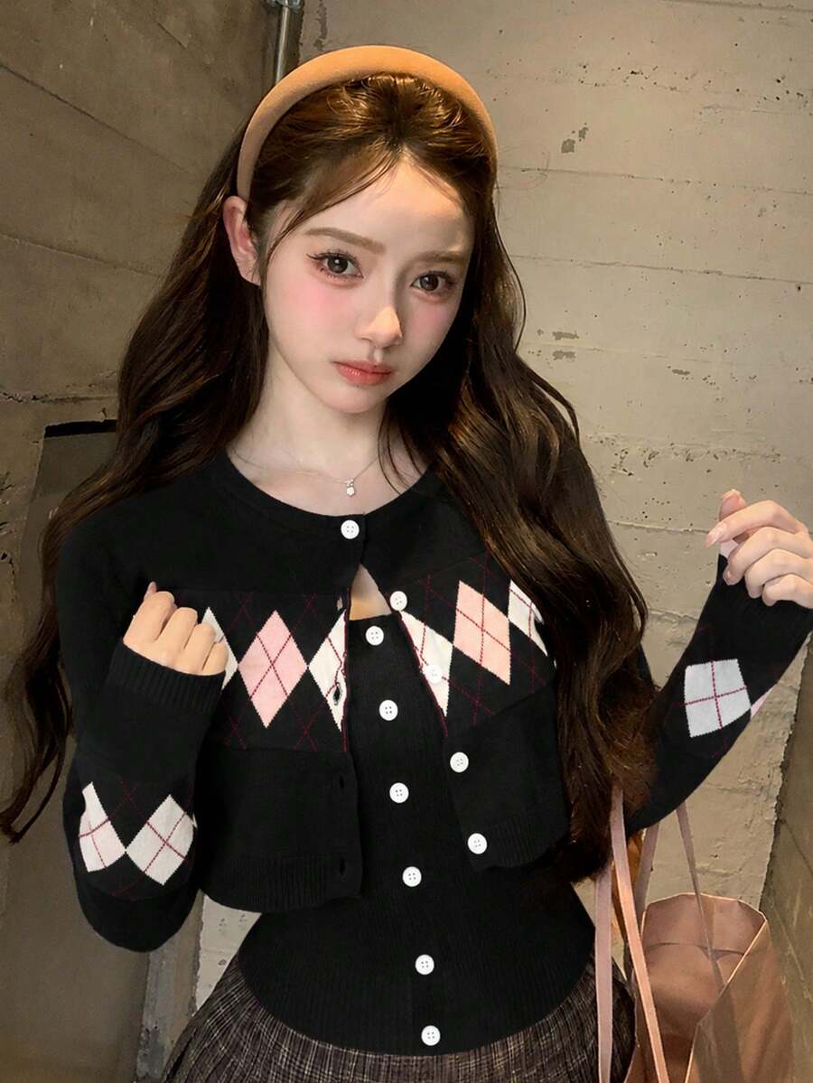 2026 Spring New Arrival Contrast Color Argyle Knit Cardigan + Camisole Two Pieces Set, Girly Minimalist Fitted Outfit - Black - View 1