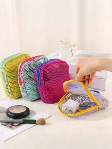 1 pieza Bolsa de almacenamiento de malla transpirable portátil, organizador multifuncional pequeño con cremallera para cosméticos & electrónicos, caja de malla de color contrastante portátil, adecuada para viajes y artículos pequeños diarios (color de cordón aleatorio) - Multicolor - Ver 3