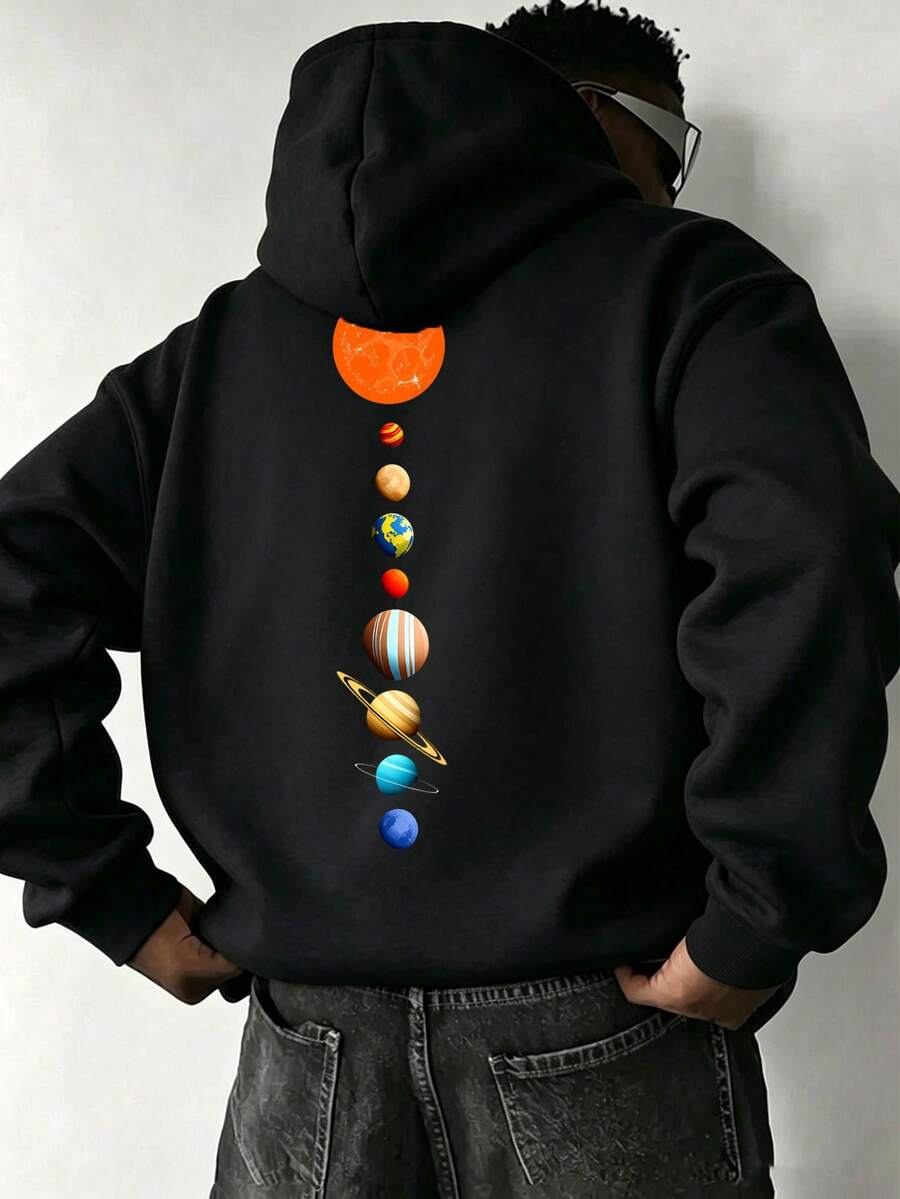 1pc Plus Size Men's Solar System Planet Back Print Loose Hoodie | Exquisite Design | Autumn/Winter Essential | Versatile & Easy To Wear, Showcasing Personalized Style - Black - View 1