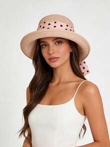 1pc Women's Summer Minimalist Vintage Polka Dot Bow Ribbon Rolled Brim Outdoor Sun Protection Straw Hat, Summer Hot-Selling New Fashion Easy-To-Care-For Face-Slimming Outdoor Sun Protection Beach Straw Hat, Comfortable Casual Suitable For Outings, Gatherings, Shopping, Travel, Vacation And Other Occasions - Multicolor - View 4