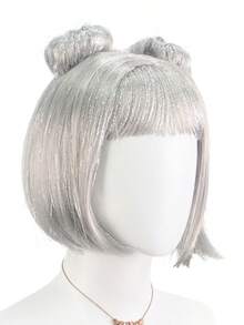 Silver Gray Glitter Bob Wig With Bangs And Space Buns, Futuristic Cyberpunk Style For Cosplay, Parties And Festivals - 查看 5