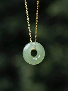 1pc 18K Gold Plated Exquisite Versatile Faux Jade Peace Buckle Pendant Necklace, Fashion Personalized Jewelry Gift Suitable For Men And Women Daily Wear, Perfect For Party And Holiday Gift, Versatile Accessory For Women Casual And Vacation Outfits - Multicolor - View 1