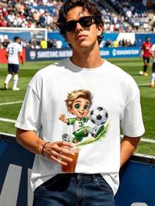 Fu?Ball-T-Shirts Für Herren Mit Grafikprint, 100 % Baumwolle, Bequeme Passform, Atmungsaktiv, L?Ssig, Kunstdruck - 白色 - 查看 2