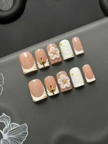 Conjunto de 10 Peças de Unhas Postiças Feitas à Mão, Estilo Y2K, Manicure Francesa Branca Quadrada com Flores Brancas 3D, Tachas de Estrela Dourada, Padrões de Mármore e Texturas em Relevo de Folhas. Reutilizável, Adequado para Uso Diário/Feriados. Unhas - Multicolorido - Visão 7