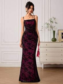 Yunuo Menswear  Vestido de slip maxi elegante con ajuste ceñido, dobladillo de cola de pez y pliegues en unicolor para mujer - Burdeos - Ver 5