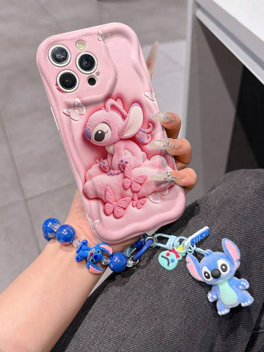 Disney Has Authorized, Phone Case - Chain Set, The Stitch Lilo & Stitch 3D Phone Case Plus A Silicone 3D Stitch Bracelet With Metallic Ring Removable Bracelet, Stitch And Angel Pattern, Compatible With Iphone17/16/15/14/13/12/30/XS/XR/X Plus Pro Max, A Stylish Cartoon Phone Case, The Perfect Gift Choice, Phone Protection, Durable Phone Cover, Great Gift For Friends And Family. - 白色 - 查看 1