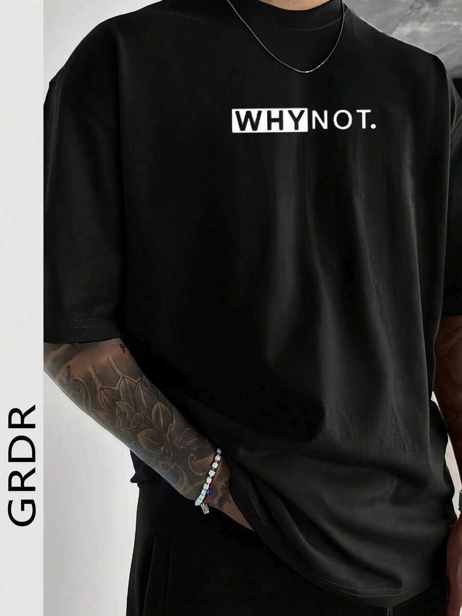 GRDR Camiseta de manga corta con cuello redondo, estampado gráfico de lema de letra para hombre, cómoda y de moda - Negro - Ver 1