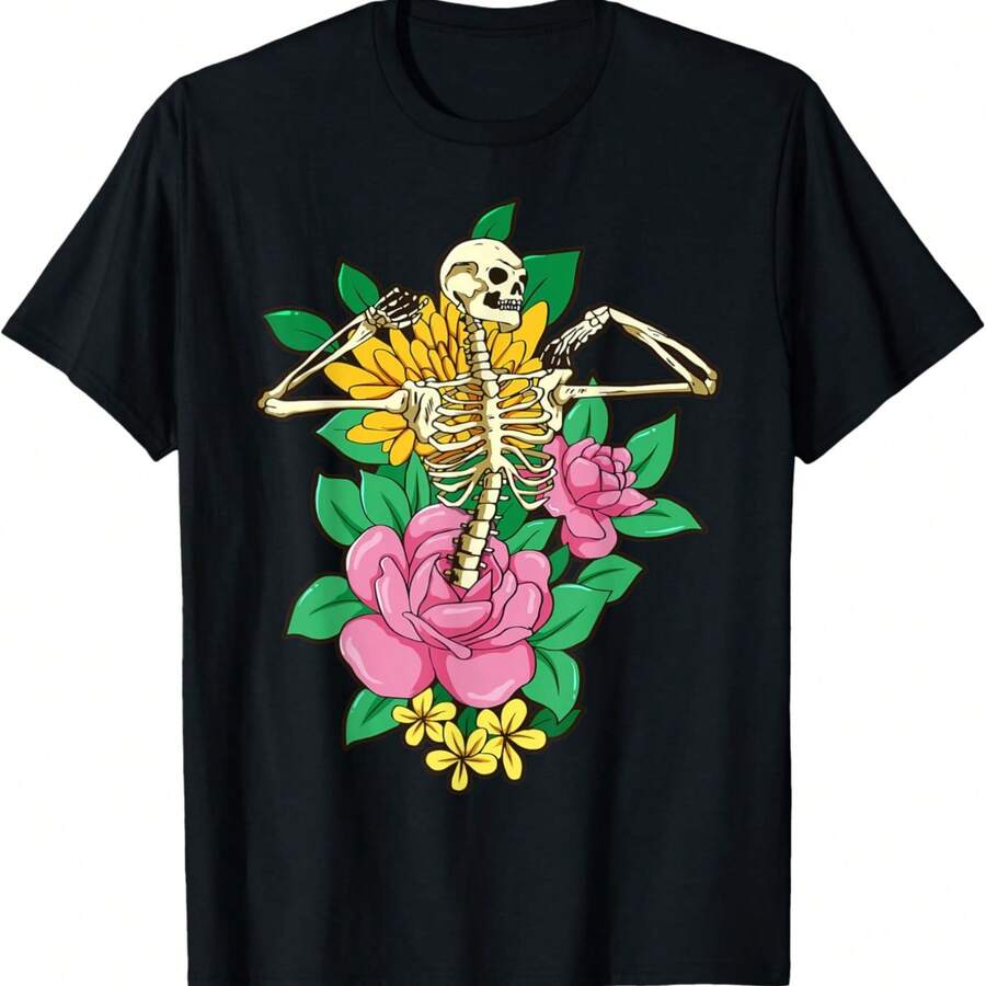 Bloomcore Aesthetic Skeleton Flower Flowercore Cottagecore T-Shirt - Black - View 1