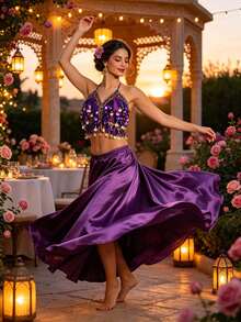 Belly Dance Coin-Embellished Halter Crop Top, Satin Full Circle Maxi Skirt For Stage Performance & Carnival - Multicolor - View 3