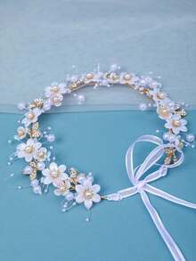 1pc Vintage Elegant Dreamy Purple Pearl Flower Headband, Bridal Wedding Accessory - Multicolor - View 5
