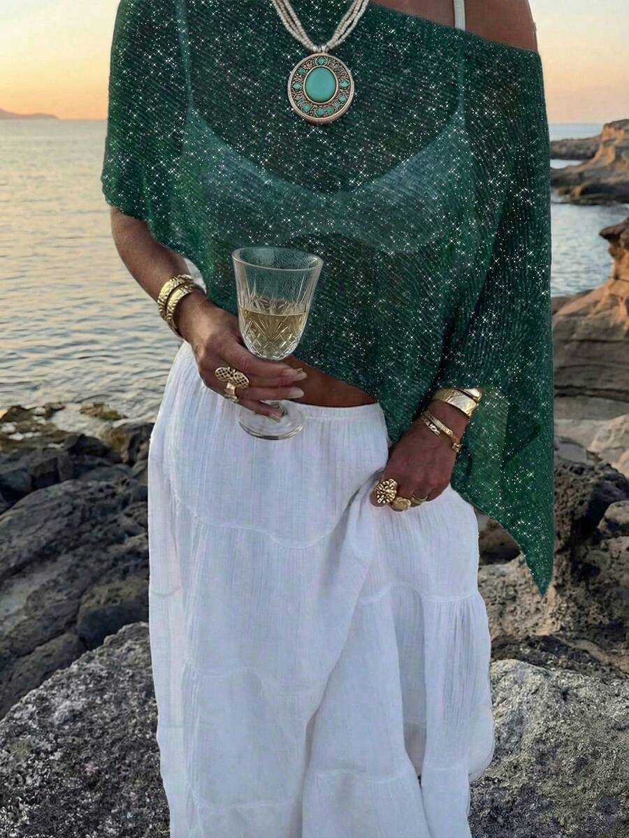 Women's Summer Side Top With Asymmetrical Hem, Lightweight And Breathable Shiny Fabric, Loose Fit Suitable For Various Figures, Casual Beach Top, Bohemian Style Summer Outfit CJ77 - 墨綠色 - 查看 1