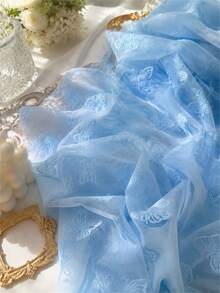HHMC 50cm / 1yd / 3yd / 5yd Soft Sky Blue Transparent Tulle Fabric – 3D Hollow Butterfly Embroidery All-Over Pattern – Lightweight Breathable Semi-Transparent Mesh Texture – Suitable For Fairy Layered Sun Dresses, Baptism Ceremony Decor - 1 - View 3