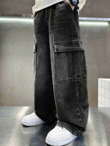 Young Boy Casual Versatile Daily Travel Denim Cargo Pants With Pockets - Black - View 3