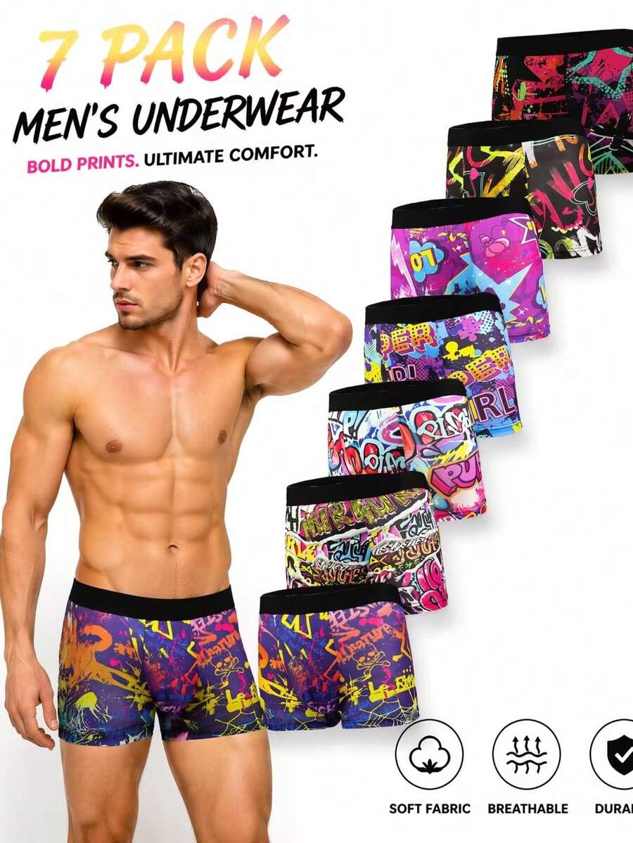 7 chiếc quần boxer nam ngắn, quần lót in kỹ thuật số, có spandex, phù hợp cho thể thao, boxing, đạp xe, họa tiết hoạt hình thời trang, thoáng khí, thoải mái, độ đàn hồi cao, quần bơi boxer - Nhiều màu - Xem 1