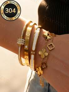 Znice 2026 New Fashion Stainless Steel 18K Gold Plated Flower Bracelet & Bangle Set, Curved Full Rhinestone Design Suitable For Women Daily Wear, Layering Or Single Wear, Summer Jewelry, Waterproof Beach Vacation Accessory - Gold 1 - View 3