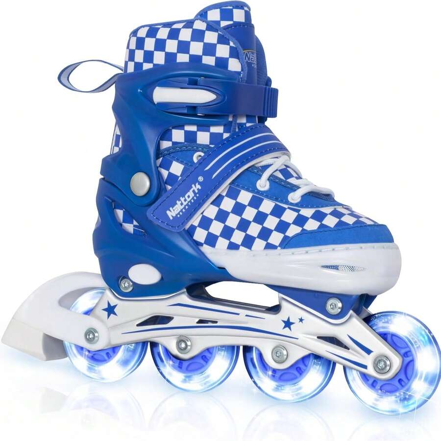 Adjustable Inline Skates For Kids Teens, PU Wheels Blades Roller Skates With Checkerboard Design For Boys Girls - Blue - View 1