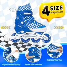 Adjustable Inline Skates For Kids Teens, PU Wheels Blades Roller Skates With Checkerboard Design For Boys Girls - Blue - View 4