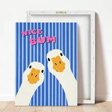 1pc Framed Canvas Wall Art, Funny White Duck Cartoon Wall Decor, Blue Vertical Striped Quirky Goose Text Print Canvas Poster, Preppy Style Cute Animal Decorative Hanging Painting, Suitable For Modern Home Decor, Room Decor, Dorm Decor, Bedroom Decor, Living Room Decor, Bathroom Decor, Kitchen Decor, Dining Room Decor, Living Room Decor, Office Decor, School Decor, Classroom Decor, Back To School Decor, Waterproof Poster - Retro White Duck - View 4
