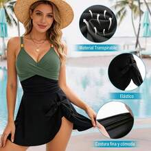 Women's Swimsuits, Women's Swimsuits For Swimming And Fitted Swimwear, Women's One-Piece Swimsuit With Elegant Skirt, Women's Swimsuit With Tummy Control For Beach, Pool, And Surfing - 黑色和綠色 - 查看 11