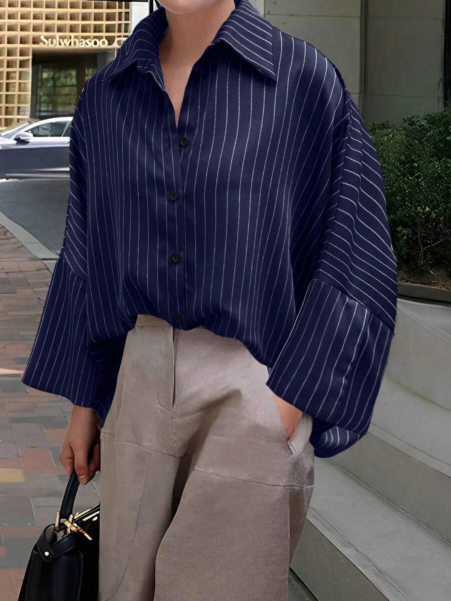 春秋款女式寬鬆條紋蝙蝠袖休閒優雅襯衫，適合日常、外出、度假穿著