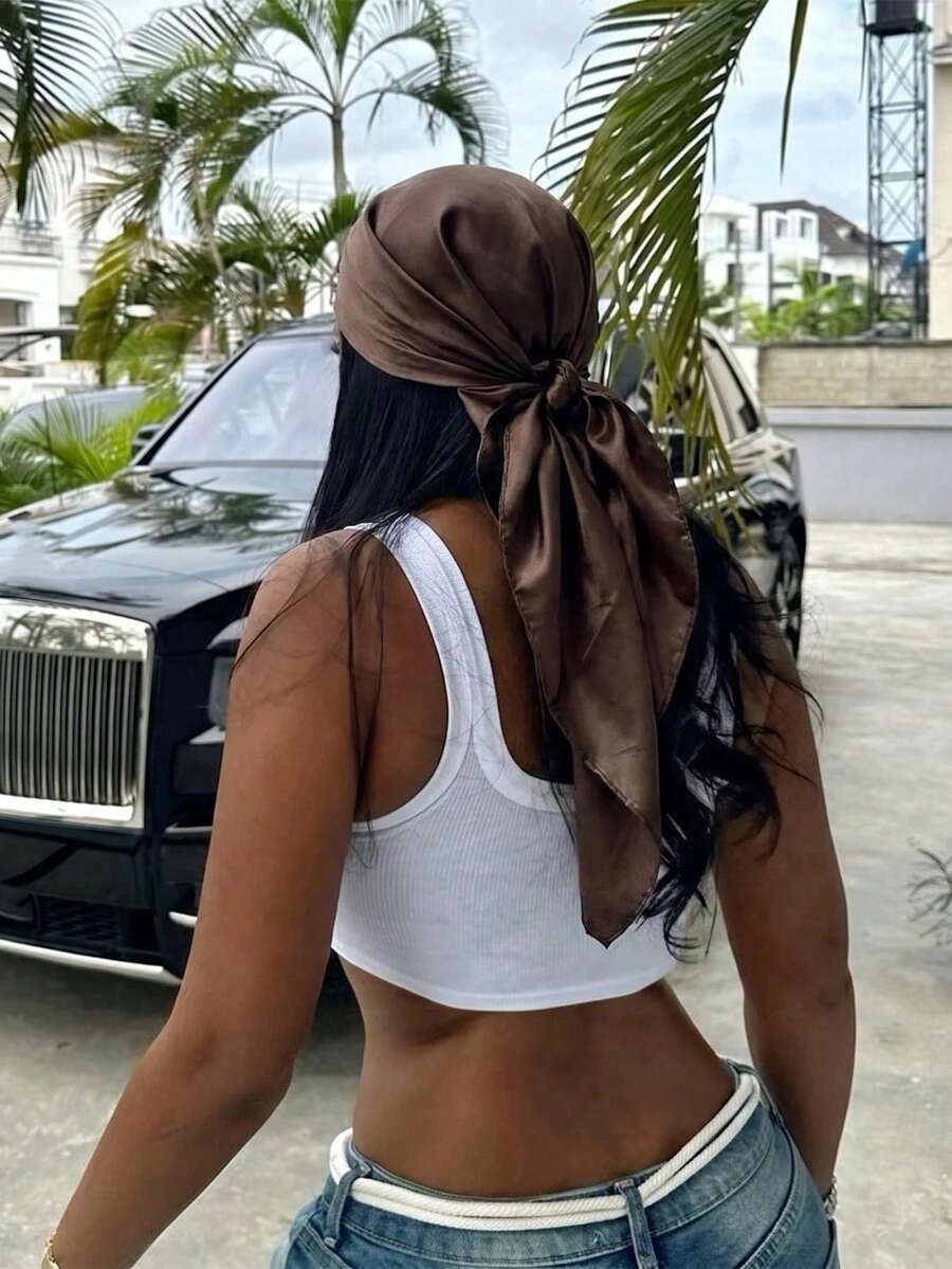 1PC Women's Casual Brown Solid Color Satin Ribbon Scarf/Headband, Minimalist Style Spring/Summer Hair Accessory, Suitable For Vacation, Beach Party, Street Fashion - Brown - View 1