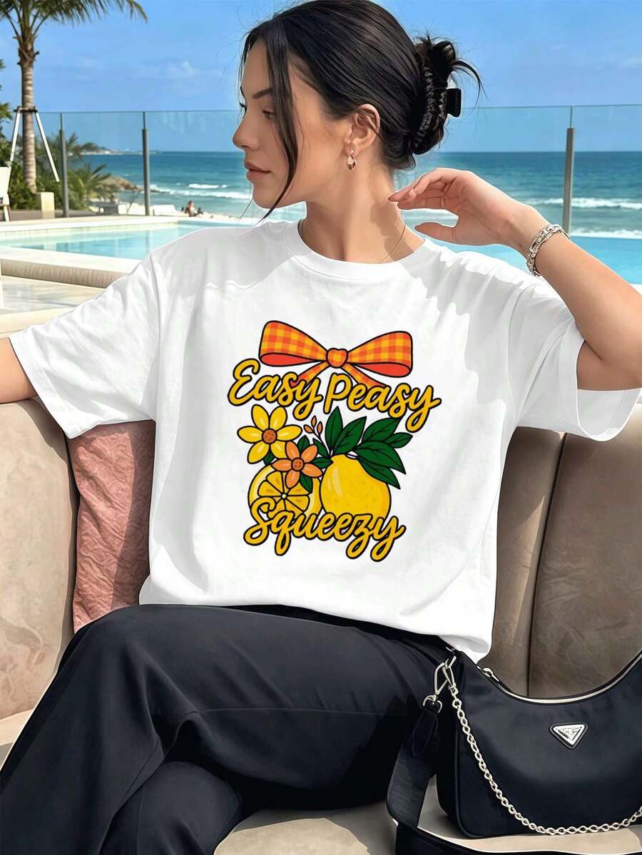 Camiseta Easy Peasy Lemon con estampado gráfico. Estilo casual, transpirable, estampado gráfico único. ?Novedad! - Blanco - Ver 1