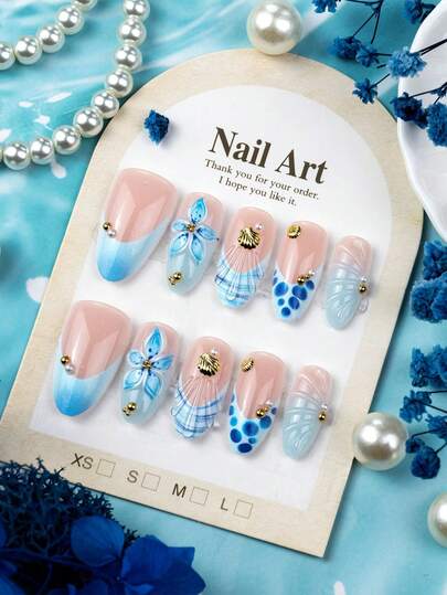 10pcs Medium-Long Almond Shape 3D Blue Flower Shell Pearl French Style Press-On Nails, Suitable For Girls Summer Vacation, Daily Wear, Outings, Holiday Parties, Birthday Gatherings And Other Occasions, Removable And Reusable