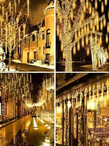 Luci a pioggia di meteore a LED alimentate a energia solare 30/45cm - 8 tubi, 192/288 LED, luci fatate impermeabili IP65, luci da appendere in plastica per esterni, adatte per giardino, cortile, villa, tetto, balcone, matrimonio, festa, albero, grondaie, Natale, Ognissanti, decorazioni per le vacanze - Luci solari da giardino - Visualizzare 7