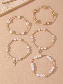 Juego de 5 piezas/Set de pulseras con corona, cruz, perlas y pedrería para niñas, adecuado para decoración diaria - Multicolor - Ver 3