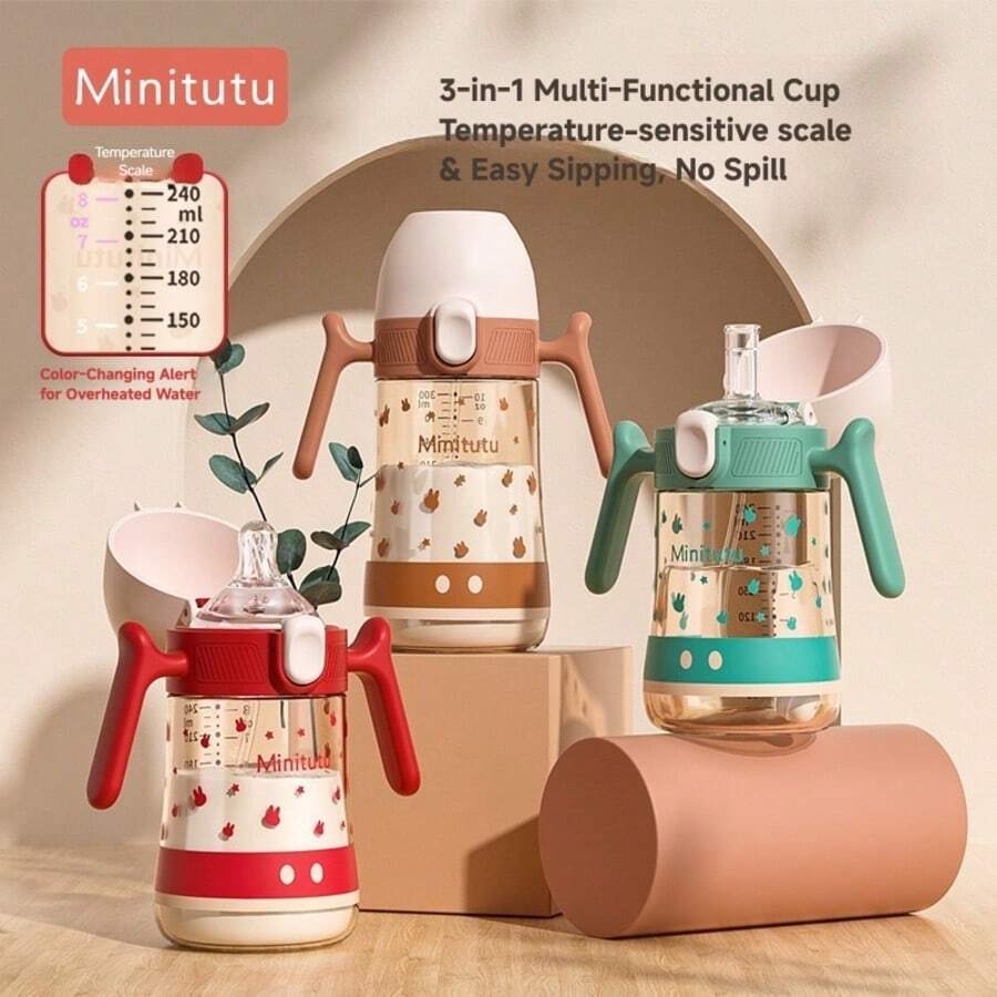 1pc Rabbit PP Material 240ML/300ML Temperature Sensitive Flip Lid Baby Bottle, Suitable For Home And Travel, 3 Colors Available - Red/Green/Brown - View 1