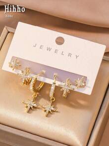 Hihho Set Anting Jepit Telinga Zirkonia Bintang 8 Titik Kreatif dan Personalisasi 6 Buah, Gaya Mewah yang Segar dan Manis, Dasar Emas dan Perak, Bentuk Bintang 8 Titik + Inlay Zirkonia Bulat + Kombinasi Anting Lingkaran Berlian Imitasi Penuh, Desain Bunga yang Hidup dan Segar, Zirkonia Transparan dan Berkilau, Memadukan Pesona Feminin dan Kemewahan yang Istimewa, Cocok untuk Ditumpuk di Seluruh Telinga, Perjalanan Sehari-hari, Kencan, Hadiah untuk Sahabat, Pakaian Musim Semi, dan Lainnya - bintang berujung delapan - View 13