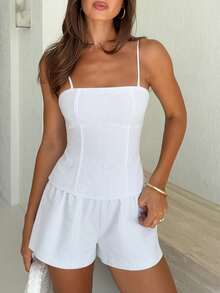 Women 2 Piece Striped Pajama Set Y2k Sleeveless Cami Tank Top And Fold Over Shorts Lounge Set Sleepwear - 白色 - 查看 2