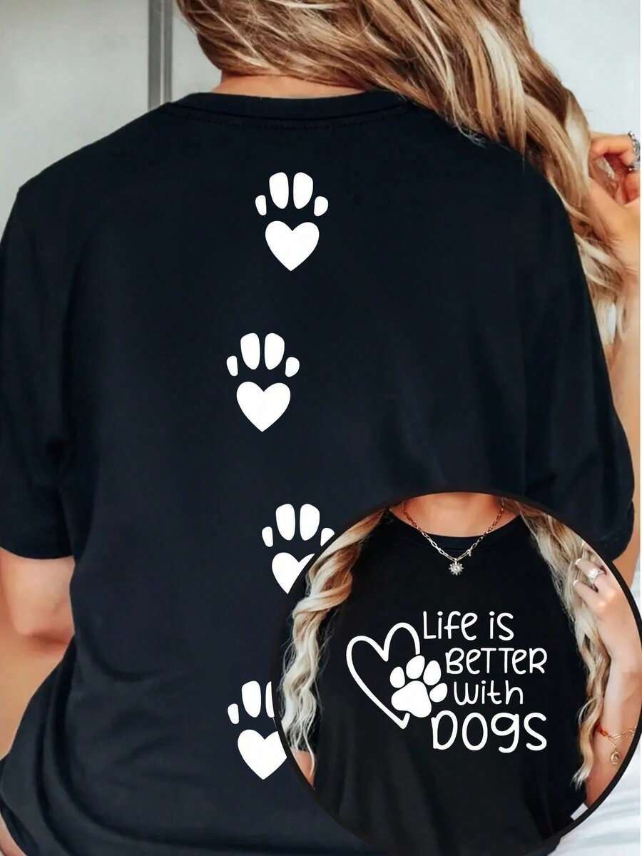 Oversized Double-Sided T-Shirt With Paw Print And Dog Slogan Patterns, Breathable And Washable, For All Animal Lovers. - 黑色 - 查看 1