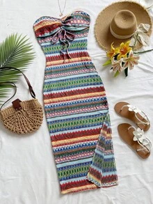 Vestido de mujer a rayas con frente plisado y lazo, atuendos de playa y vacaciones, atuendos de primavera y verano para mujeres - Multicolor 3 - Ver 1