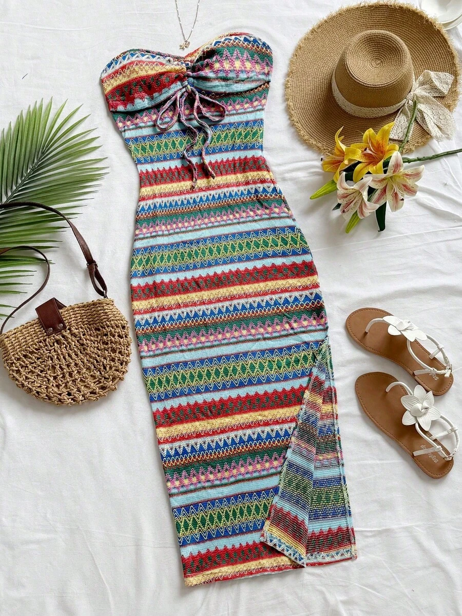 Vestido de mujer a rayas con frente plisado y lazo, atuendos de playa y vacaciones, atuendos de primavera y verano para mujeres - Multicolor 3 - Ver 1