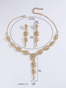 華麗金色調透明水晶珠寶套組，含花卉 Y 型垂墜項鍊與長流蘇耳環，適合婚禮與舞會 - 金色 - 查看 4