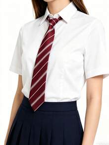 1件女款條紋學院風休閒領帶，襯衫用手打結領帶，日常穿著，百搭深紅色領帶 - 酒紅色 - 查看 2
