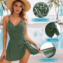 Women's Swimsuits, Women's Swimsuits For Swimming And Fitted Swimwear, Women's One-Piece Swimsuit With Elegant Skirt, Women's Swimsuit With Tummy Control For Beach, Pool, And Surfing - 綠色的 - 查看 6